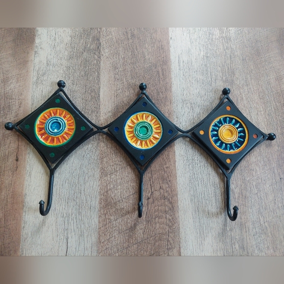 Pier 1 Imports Colorful Tile Wall Hooks Hanger Coat Towel Hat 16.5x8" Boho Decor - Picture 1 of 11